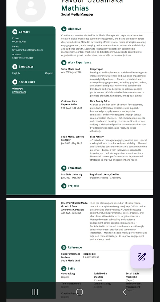 create a professional CV and resume for job application