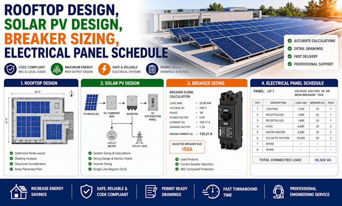 rooftop design, solar pv design, breaker sizing, electrical panel schedule