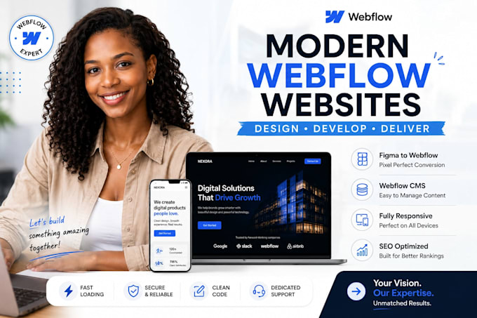 develop modern webflow website, figma to webflow expert, webflow cms, webflow