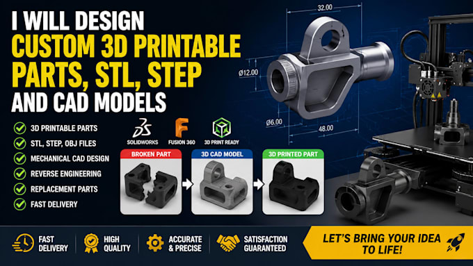 design custom 3d printable parts, stl, step and cad models