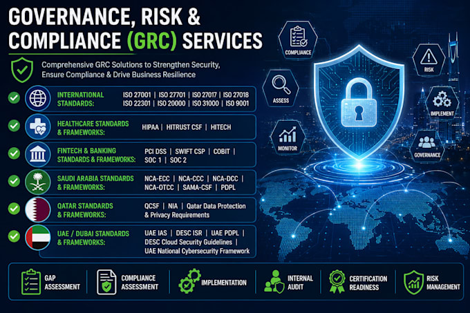 provide cybersecurity grc consulting, auditing, gap assessment, iso 27001, etc