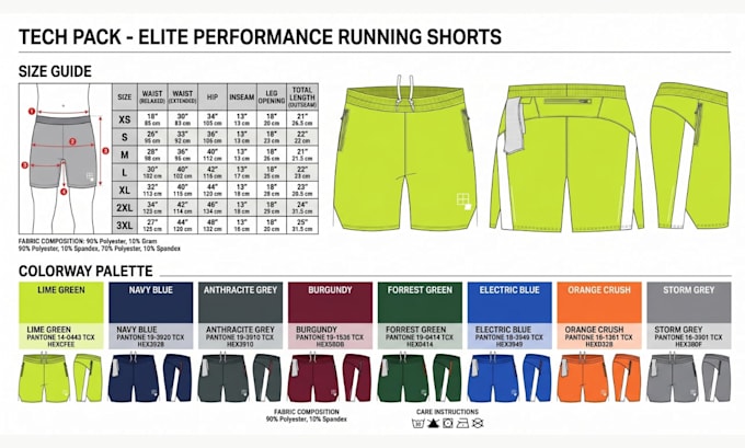 create activewear tech pack, sportswear techpack with flat sketch for production
