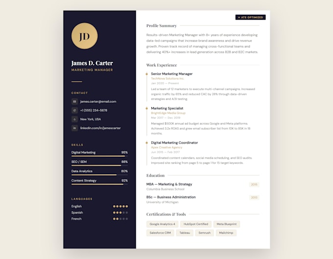 write a professional ats friendly resume and CV