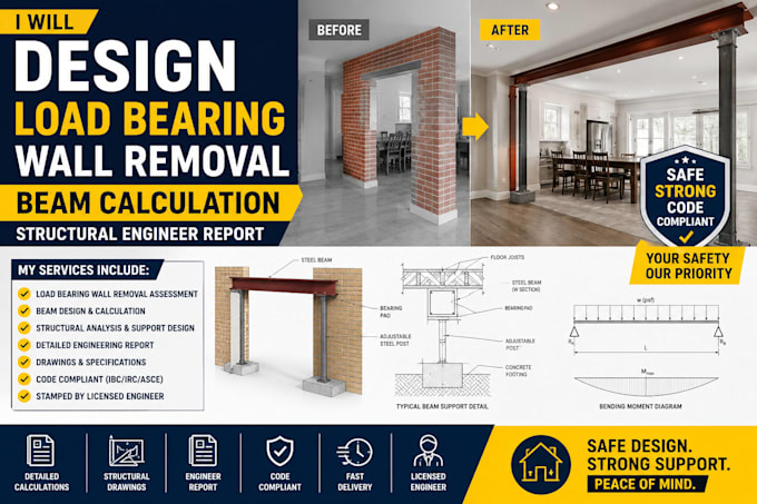 design load bearing wall removal beam calculation structural engineer report