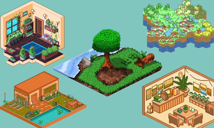 create isometric pixel art, pixel game art, tileset and retro 2d game assets