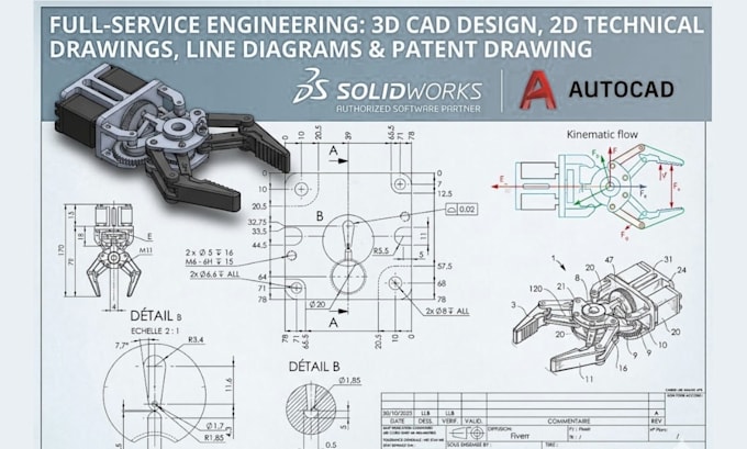 Create 3d cad design 2d technical drawings line diagrams and patent ...