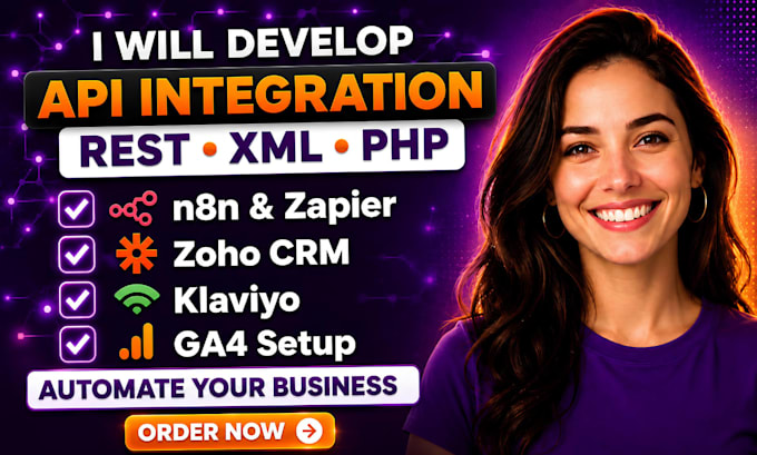 api integration rest XML ga4 n8n zapier klaviyo zoho CRM PHP website development