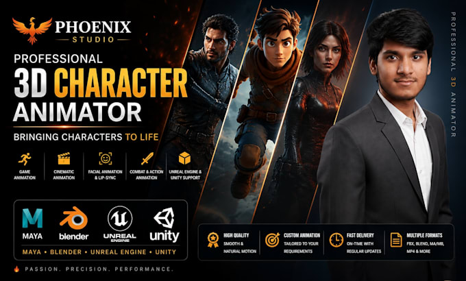 create 3d character animation in maya, blender, unreal and unity