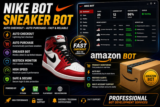 develop nike shoe bot, nike snkrs bot, amazon bot, auto purchase bot, checkout