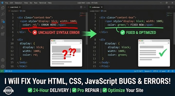 debug, fix errors and optimize your javascript, css or html code