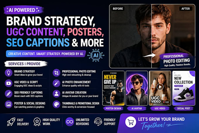 create ai powered brand strategy, ugc content, posters, captions and photo