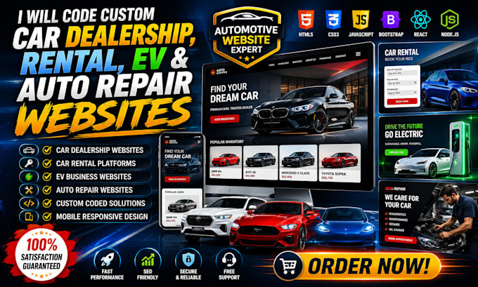 code custom car dealership , rental, ev, and auto repair websites