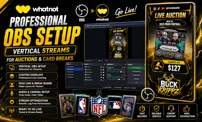 setup professional whatnot vertical stream with obs for auctions and card breaks