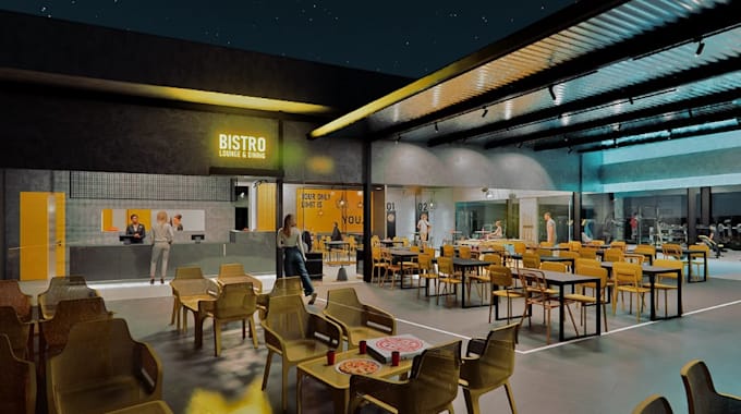 multi function recreational area,hospitality building,cafeteria dining rendering