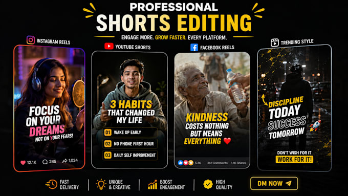 do professional video editing instagram reels, youtube shorts and tiktok