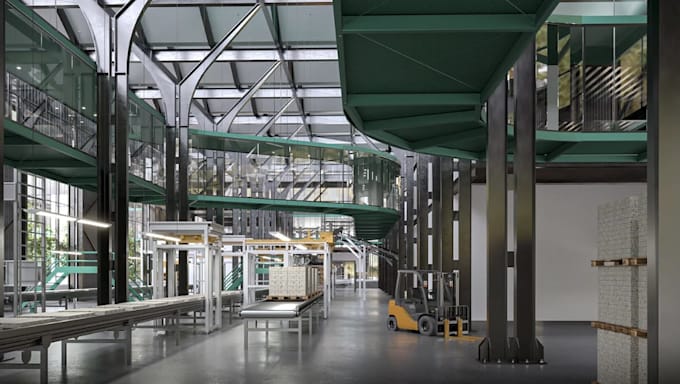 reform 3d manufacturing industry, factory plant,factory layout, warehouse render