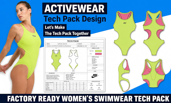create swimwear tech pack with flat sketches, bom and for manufacturing