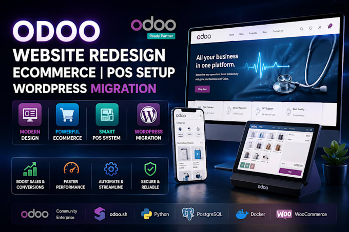 redesign odoo website, ecommerce store, pos setup, and wordpress migration
