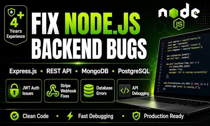 fix node js backend bugs, express js API, mongodb and postgresql issues
