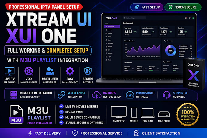 develop full working and completed xtream ui, xui one, with m3u playlist