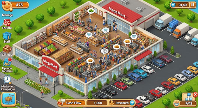develop a tycoon simulator game like idle gas station, food business