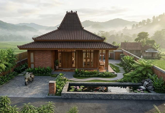 design a modern javanese tropical tiny house or eco villa