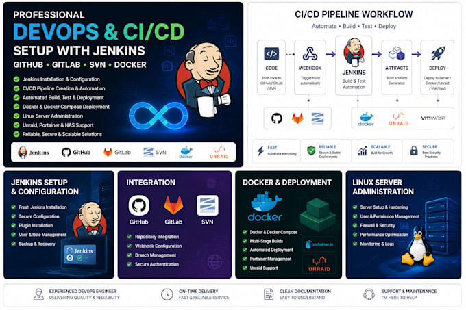 setup devops ci cd pipelines using jenkins, github, gitlab, docker and svn