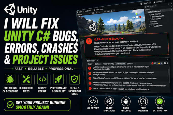 fix unity game csharp bugs crashes build errors and project issues