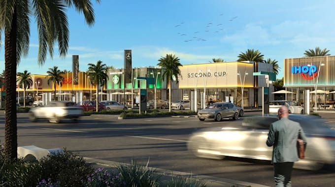 design 3d commercial plaza, shopping center, retail store, storefront cgi render