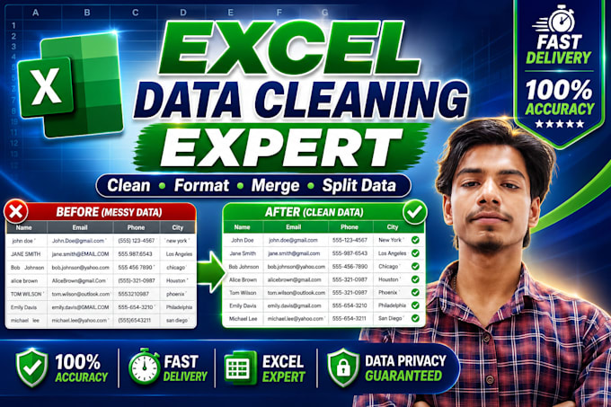 clean, format, merge, split excel data