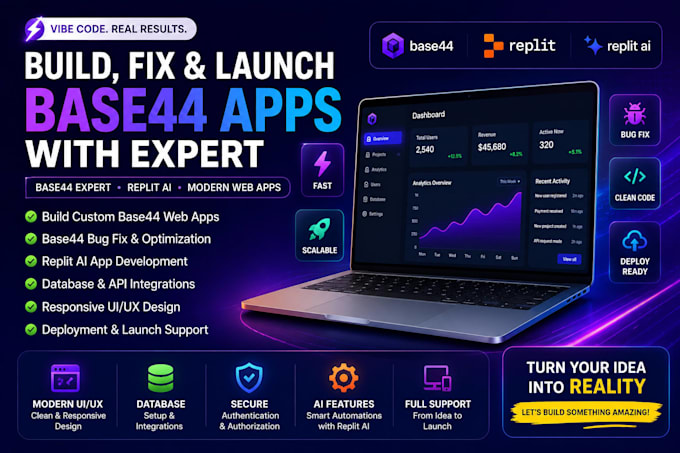 build base44 app, base 44 expert, base44 bug fix, base44 web app, replit ai