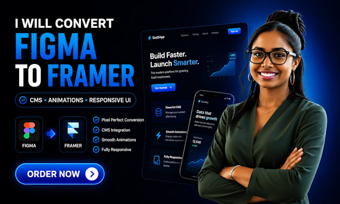 convert figma to framer with cms, animations and responsive UI