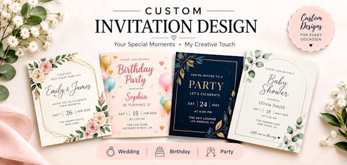 design custom wedding, birthday and party invitations