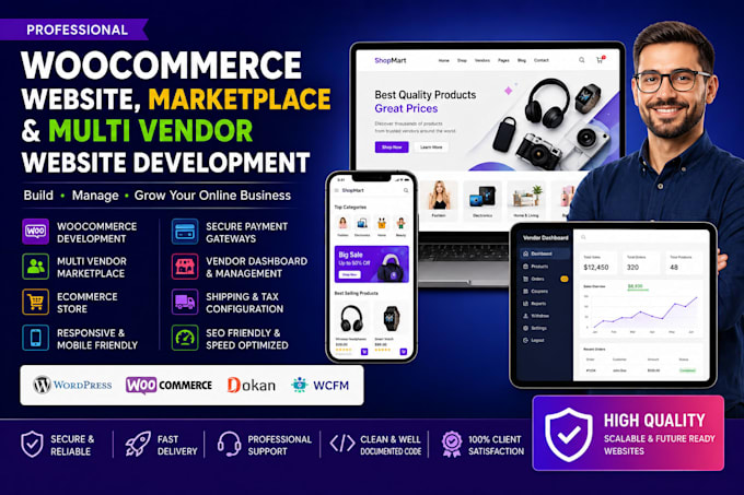 develop woocommerce website, multi vendor marketplace website, ecommerce store