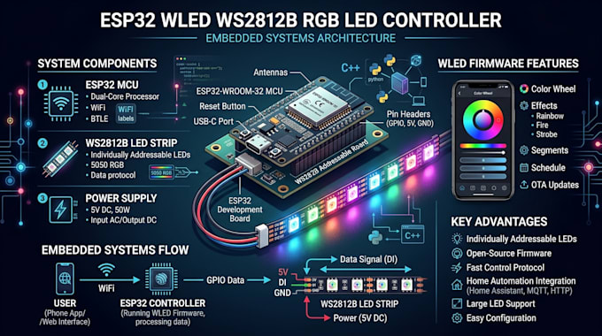design esp32 wled ws2812b rgb led controller and embedded systems