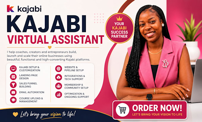kajabi virtual assitant for course setup, funnel and website
