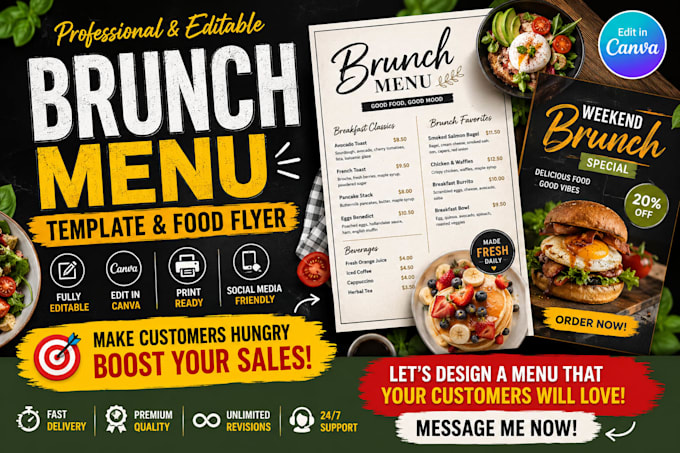 design brunch menu template, canva menu, food flyer, restaurant menu editable