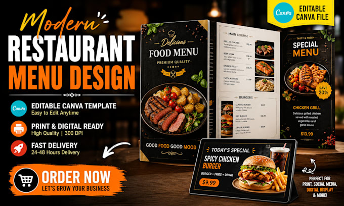 design restaurant menu, food flyer, canva menu template, editable restaurant pro