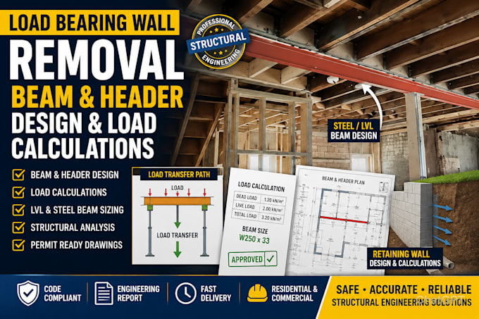 design load bearing beam header design, load calculation retaining wall removal