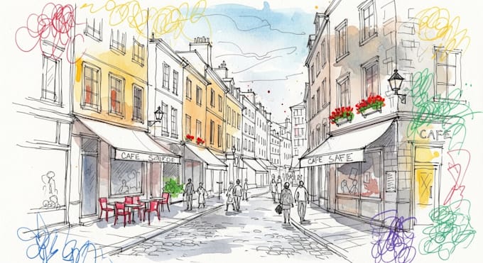 make a sketch with scribbles and watercolor