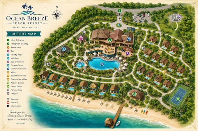 design resort map, campground map, park map and vacation resort illustration