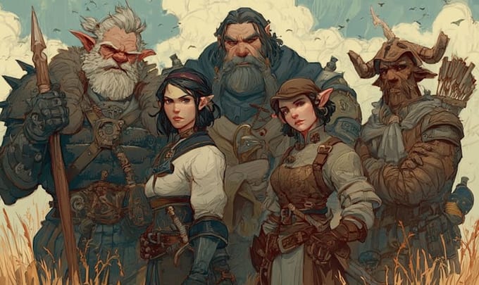 create detailed dungeons and dragons party artwork