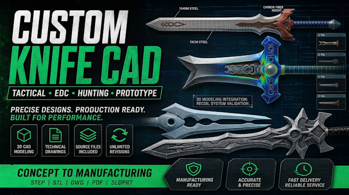 create custom knife design, tactical cad and blade concept for manufacturing
