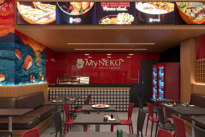 render cafe, restaurant and food court interiors