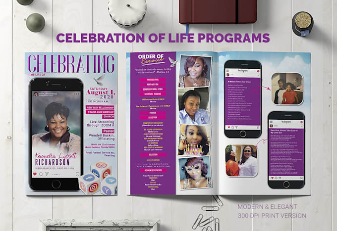 design modern funeral obituary program, celebration of life program