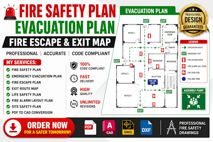 design fire safety plan, evacuation plan, escape route and exit map