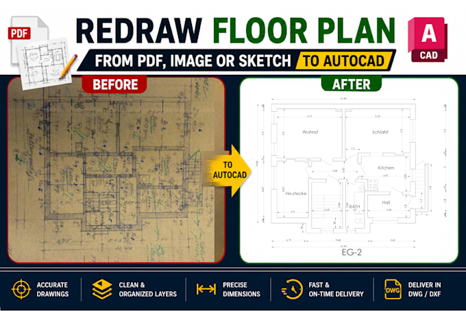 redraw floor plans from PDF image or sketch in autocad