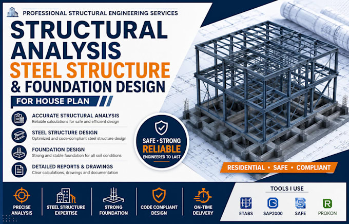 provide structural analysis steel structure and foundation design for house plan