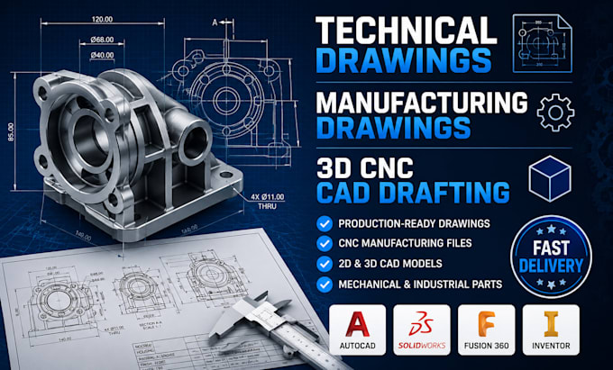create technical drawings, manufacturing drawings and 3d cnc cad drafting