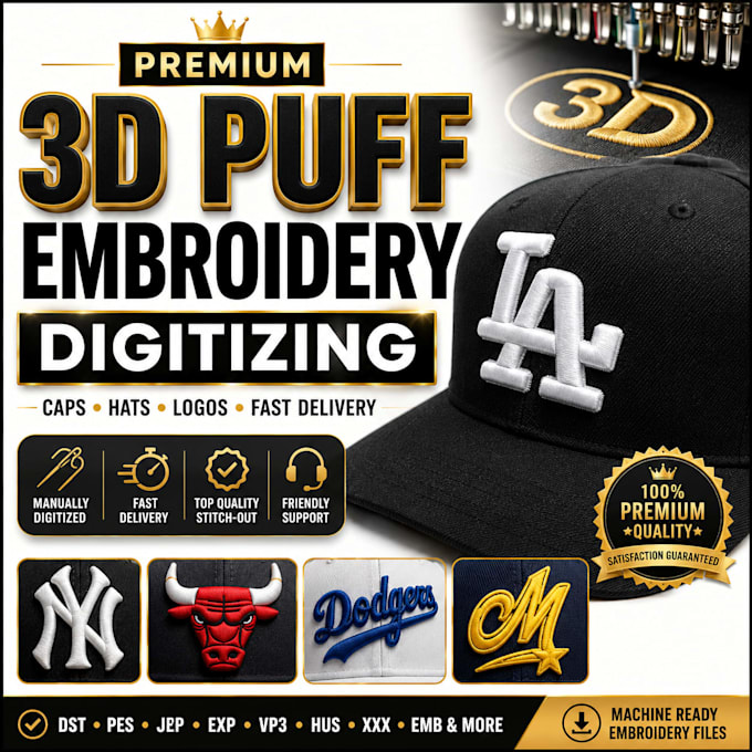 do premium 3d puff embroidery digitizing for caps, hats